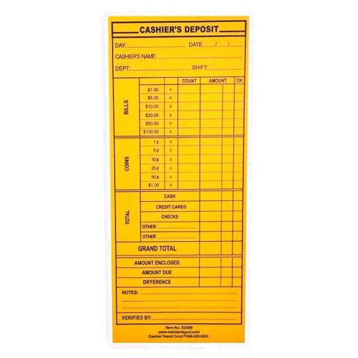 CASHIER DEPOT YOUR ONE STOP SHOP FOR ALL CASHIER'S NEEDS 100 Cashier Depot EZ400 Cashier's Deposit Report Envelope, 4 1/8