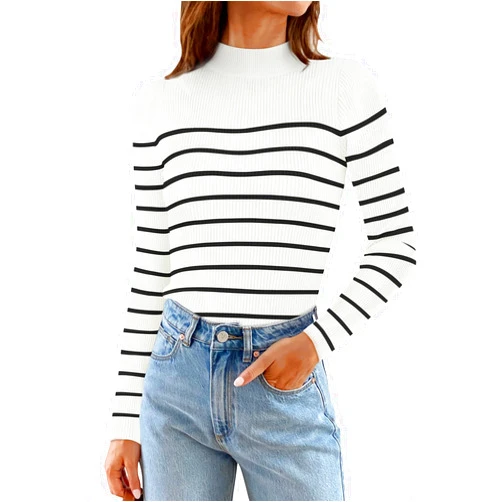 ZESICA Women's Striped Ribbed Mock Neck Shirts Fall Casual Long Sleeve Sweaters Tops