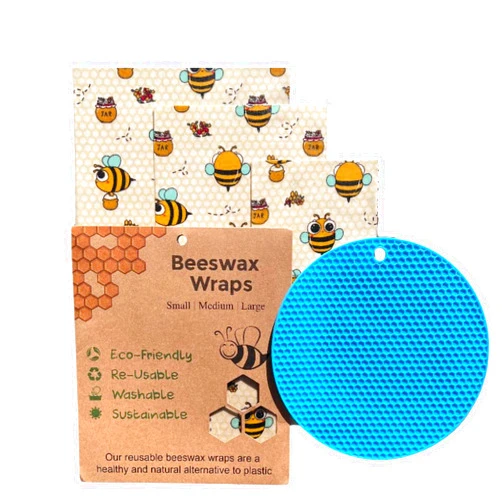 Hillchrys Beeswax Wraps for Food - Pack of 3 Food Wraps (S, M, L) with Blue Versatile Mat | Biodegradable Bees Wax Wraps Reusable and Washable | Eco-Friendly & Plastic-Free Food Storage Beeswax Paper
