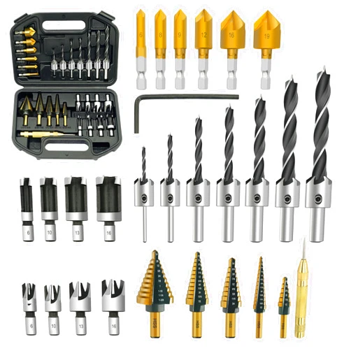 GMTOOLS 28Pcs Woodworking Chamfer Drilling Tools-Countersink Bit, Step Drill Bit Set, Wood Plug Cutter Drill Bit Set (2 Styles), 5-Flute Countersink Drill Bit, Positioning Punch and 1pc Hex Wrench