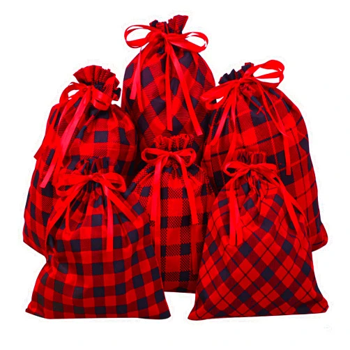 Aneco 6 Pack Buffalo Plaid Drawstring Christmas Gift Bags Christmas Sack for Gifts Cotton Cloth Red and Black Plaid Christmas Fabric Bags Assorted Sizes for Party Favors