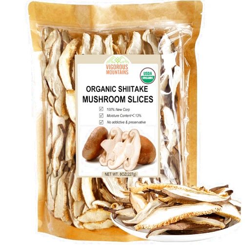 VIGOROUS MOUNTAINS Organic Shiitake Mushrooms Sliced, 8Oz, Great Size Fresh Texture Rehydrate Quickly, Dried Shiitake Mushrooms for Cooking Soups/Ramen/Pasta and Risotto, All Natural Vegan 227g