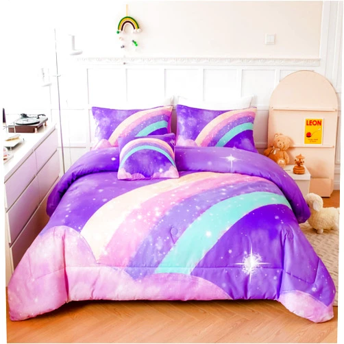 ANGIYUIN Purple Rainbow Comforter Set Twin, 6 Pieces Gradient Glitter Bedding for Girls Kids, 3D Galaxy Nebula Bed Set With Sheets for All Season