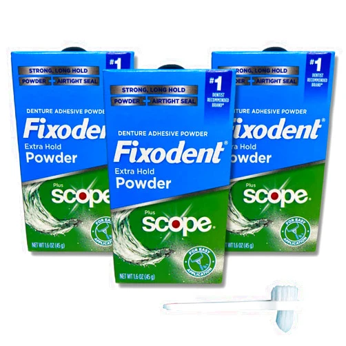 Fixodent Extra Hold Powder Plus Scope Denture Adhesive Strong 1.6oz Pack of 3 (3 Items), 818-0556