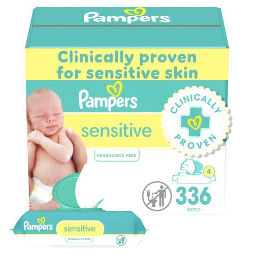 Pampers Baby Wipes Sensitive, Water Based Baby Wipes, Hypoallergenic and Unscented Baby Wipes, 336 Wipes Total (4 Flip-Top Packs)
