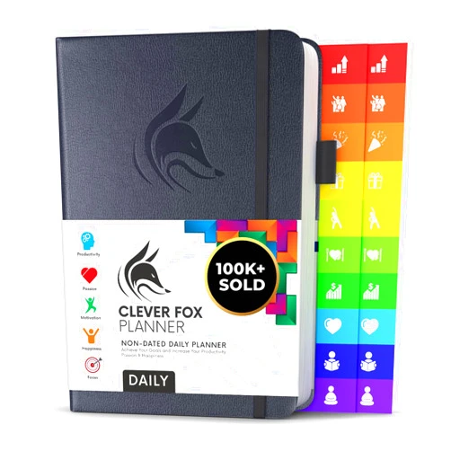 Clever Fox Daily Planner – Undated Planning Notebook with Hourly Schedule & To-Do List – Personal Day Task & Work Organizer, 6 Months (Silver Black)