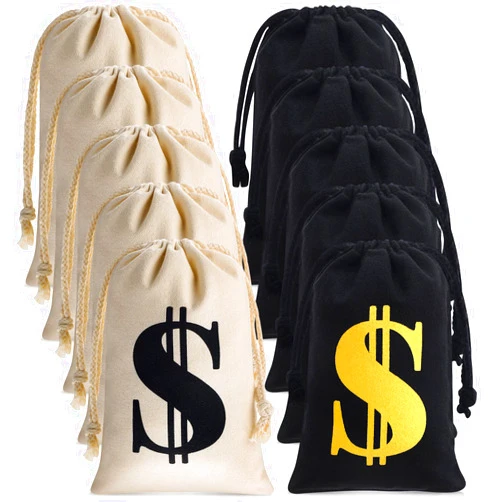 Shihanee 24 Pcs 9 x 6.3 Inches Canvas Money Bag with Drawstring Closure Costume Money Bag Pouch Dollar Sign Carrying Sack Prop for Toy Party favor Bank Robber Pirate Cowboy Cosplay Theme Party