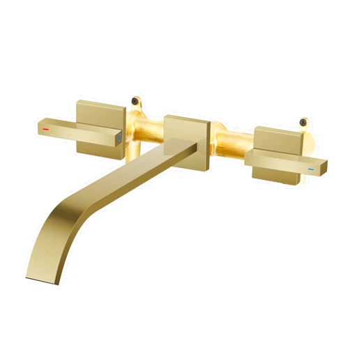 AUU Wall Mount Tub Filler AUU Brushed Gold Bathtub Faucet Long Spout Reach, 2 Level Handles Wall Mount Tub Faucet with Brass Rough in Valve Included