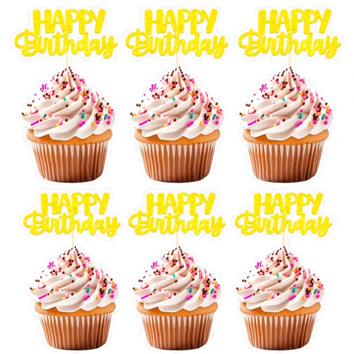 UWPVOWSR 24Pcs Gold Happy Cupcake Toppers Cake Toppers Cake Picks Decoration Cocktail Fruit Toothpick for Celebrating Birthday Wedding Graduation Party Cupcake Picks for Baby Shower Anniversary Party Decors
