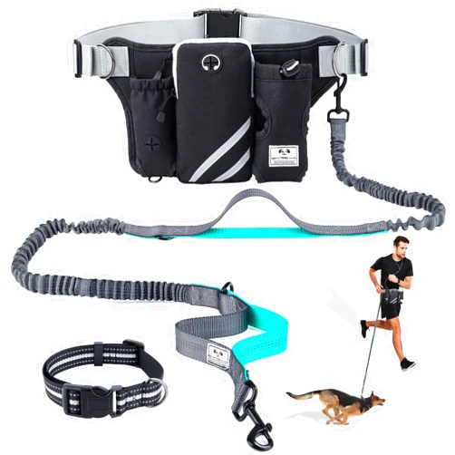 SHINE HAI Retractable Hands Free Dog Leash with Dual Bungees for Dogs, Adjustable Waist Belt Bag, Reflective Stitching Leash for Running Walking Hiking Jogging Biking (for 1 Dog)