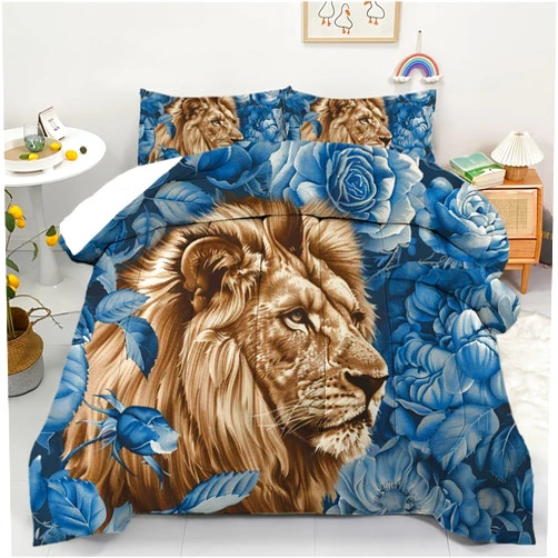 AyPoint Lion Comforter Set Queen Size, Male Lion with Blue Flowers Bedding Set 3PCs 1 Comforter 2 Pillowcases, Wild Animal Retro Bedroom Decor for Girls Woman(Queen, Lion)