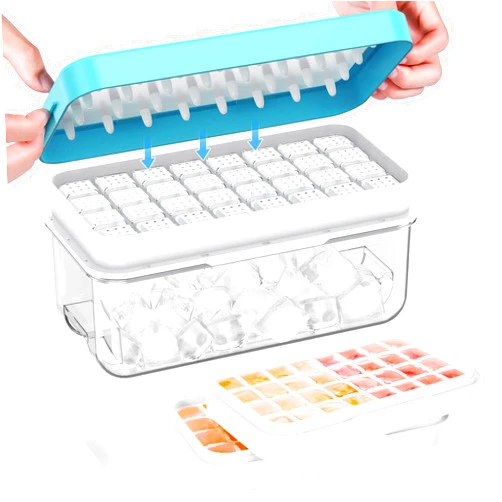 PHINOX Ice Cube Tray with Lid and Bin, PHINOX 64 pcs Ice Trays for Freezer, Ice Cube Trays for Freezer with 2 trays, Container, Lid & Ice Scoop, BPA Free