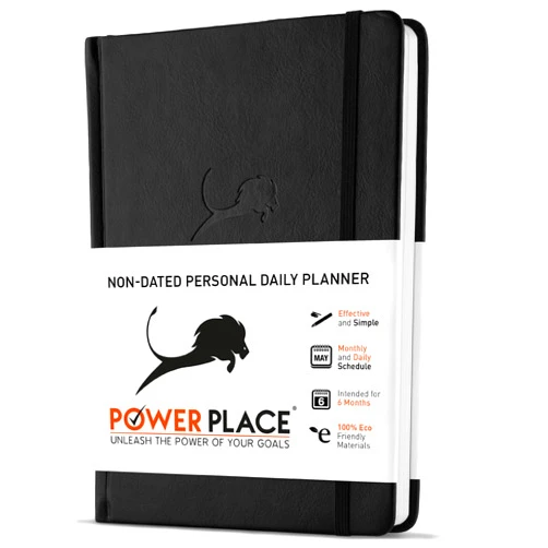 Power Place Daily Planner, Calendar & Life Organizer to Improve Time-Management, Productivity & Happiness | Vegan Leather Hardcover Notebook with Blank Dates, Undated 6 Months Hourly Planner for Men & Women, 24 Hour Agenda (Black)