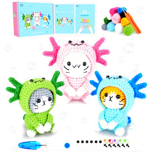 Fortuning's JDS Crochet Kit for Beginners - 3 PCS Axolotl Cat Crochet Kits with Step-by-Step Video Tutorials, Beginner Crochet Kit for Adults, Crochet Cat Dressed as Axolotl Set