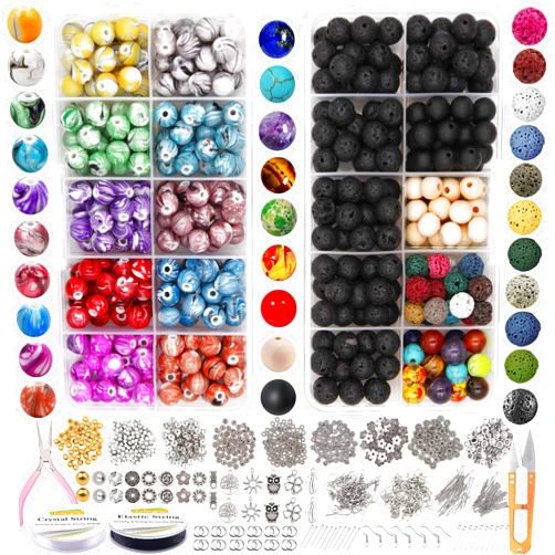 EuTengHao 1146Pcs Lava Beads Round Loose Marble Beads Ink Patterns Chakra Beads with Spacer Beads Pendants Jewelry Findings for Adult DIY Bracelet Necklace Earring Jewelry Making Crafts