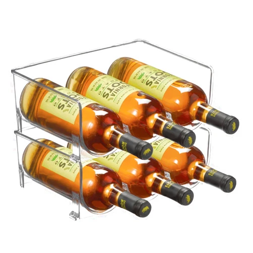mDesign Stackable Plastic 3 Bottle Refrigerator Wine Rack - Kitchen Storage Organizer Holder for Storing Champagne, Wine, and Water Bottles - Stacking Wine Bottle Organizer for Fridge - 2 Pack - Clear