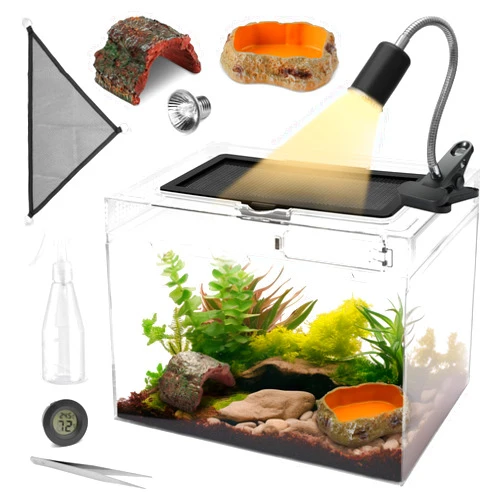 AZV Reptile Terrarium Starter Kit,8 Piece Small Reptile Tank with Escape-Proof Locks,Mesh Top,Multi-Vent Compatible Habitat,Durable Clear PC,Easy-Clean Waterproof Base for Geckos,Frogs,Spiders Small