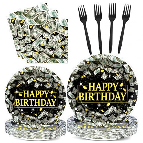 gisgfim 96PCS Money Birthday Party Supplies Paper Plates Napkins Money Decorations Tableware Set Disposable Money Hundred Dollar Bills Birthday Party Decorations Favors for Adults Serves 24