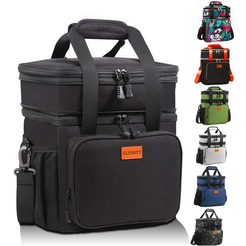 GLENKEY Expandable Insulated Large Lunch Box, Double Deck Heavy Duty Durable Lunch Bag Leakproof Cooler Bags for Men Women Adults Work Shift Flight Beach Daytrip, 20 Can, Black, GLENKEY
