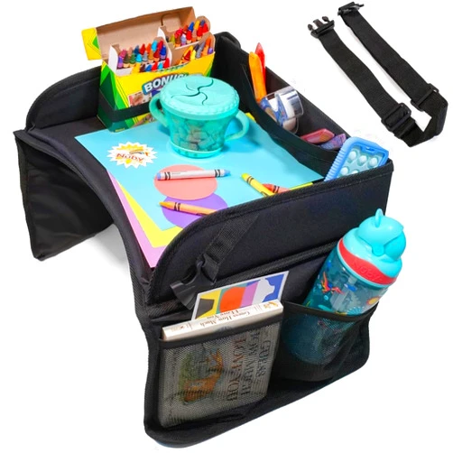 Nuby Kids Foldable Lightweight Travel Activity Lap Desk Tray with Pockets|Stay Organized & Mess Free on Car Rides, Plane Trips, Home|Adjustable Strap Keeps Desk Secure or Carry Strap for Travel|Black