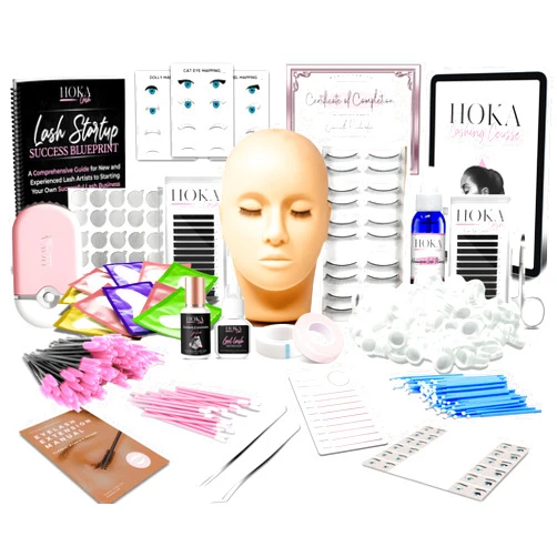 Hoka Lash Eyelash Extension Kit & Training Course and Certification, Professional Lash Extension Kit for Beginners Includes Practice Mannequin Head, Lash Trays, Glue, Tweezers, Fan & More