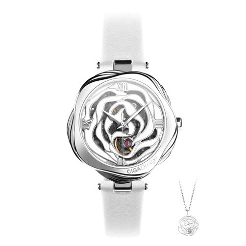 CIGA Design Watches for Women Denmark Rose Series Fashion Automatic Mechanical Skeleton Wrist Watch with Bonus Necklace Gifts (Leather Strap, Mechanical Movement)