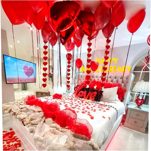 Chamrrille Anniversary Decorations, Happy Anniversary Banner, Red Felt Garland Hanging String Hearts, Heart Balloons, Love Balloon, Red Silk Rose Petals for Wedding Bridal Shower Bachelorette Party Decorations