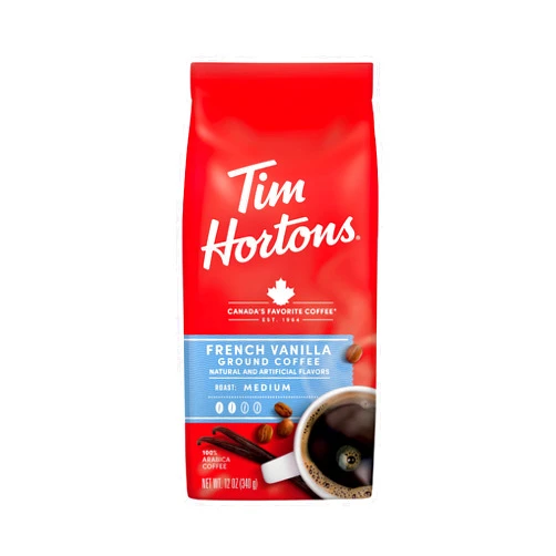Tim Hortons French Vanilla, Flavored Roast Ground Coffee, Perfectly Balanced, Always Smooth, Made with 100% Arabica Beans, 12 Ounce Bag