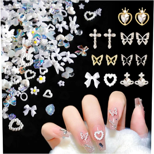 Berovskki 320Pcs White Butterfly Planet Heart Star Cross Nail Rhinestones Charms 3D Alloy Pearl Nail Charms Bow Flower Nail Charms for Manicure DIY Craft Jewel Accessories