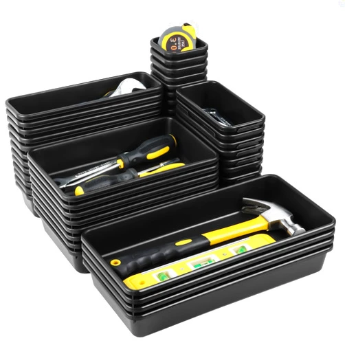 Takytao Upgraded 60PCS Tool Box Organizer Tray Divider,5 Sizes Desk Drawer Organizers Garage Tool Organizer and Storage, Black Plastic Tray Organizer Bins for Home Office Supplies and Tools