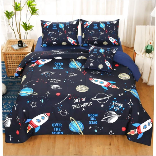 JQinHome Full Space Comforter Set for Kids,6 Piece Bed in A Bag 3D Galaxy Space Rocket Planets Bedding Set for Teens Boys Girls with Pillowcases,Flat Sheet,Fitted Sheet,Cushion Cover