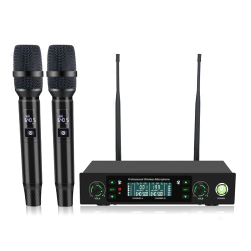 Loewieta Professional Wireless Microphone System, 500ft Long Range 2.4G Cordless Mic Set with 40H Playtime, Rechargeable Dynamic Microphones Memory Function for Karaoke Singing, DJ, Church, Party, Wedding