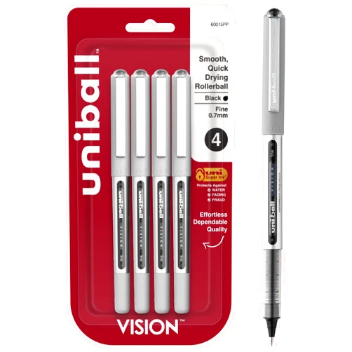 Uni-Ball Vision Rollerball Black Pens Pack of 4 - Fine Point Journaling Pens, 0.7mm Medium Black Ink - Teacher Pen, Smooth Writing Japanese Pens, School Supplies