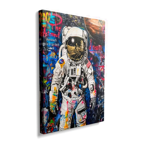 Ypxzzj Framed Graffiti Astronaut Canvas Wall Art Spaceman Posters Prints Pictures Wall Decor Modern Abstract Street Graffiti Painting Artwork for Living Room Home Decor Ready to Hang(36L x 24W)