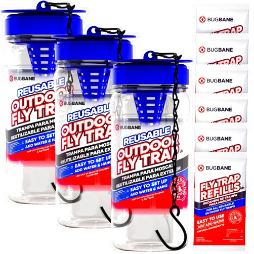 BugBane 3 Reusable Fly Traps Outdoor Fly Traps with 6 Natural Fly Magnet Bait Refill. Flies Trap Outdoor Reusable Fly Trap Jar Fly Trap Fly Catchers Outdoor Fly Bait Fly Bags Flytraps Stable Fly Trap Bait