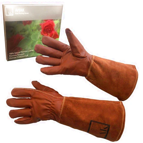 ArtAK Rose Pruning Gloves Leather Rose Gardening Gloves for Men and Women Long Thorn Proof Cowhide Gauntlet Protective Rose Gloves for Rose Bushes Ready to Plant Brown Garden Gloves Large