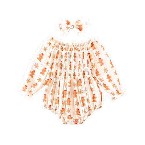 MOLZULAMS Newborn Baby Girl Christmas Outfit Ruffle Long Sleeve Gingerbread Romper Smocked Ruched Bodysuit Fall Xmas Clothes