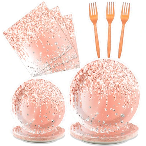Tevxj 96PCS Birthday Tableware Set Pink Rose Gold Dinnerware Disposable Dessert Plates Pink Rose Gold Birthday Party Plates Napkins Forks for Girls Women Birthday Party Decorations Supplies 24 guests