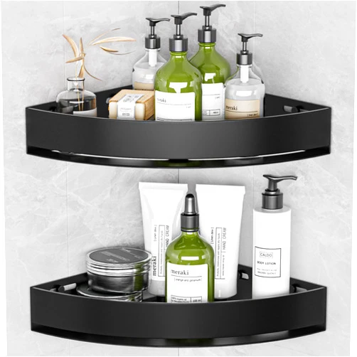 Wisfame Black Corner Shower Caddy - Rustproof Aluminium Triangle Shower Shelf - No Drill & Drill Installation - 2 Bathroom Shelves Wall Mounted (20LB Capacity/Tier)