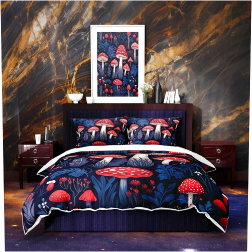 Placitiume Watercolor Mushroom Duvet Cover Set - Hand Drawn Mushrooms Nature Inspired Decorative 3 Piece Bedding Set with 2 Pillow Shams