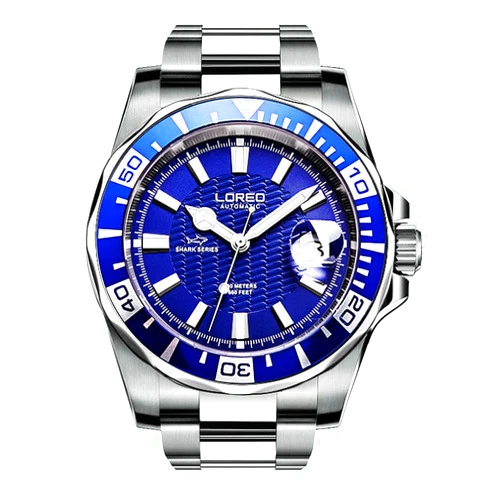 LOREO Mens GMT Silver Stainless Steel Sapphire Glass Blue Rotating bezel Blue dial Automatic Watches