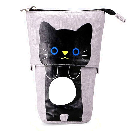 Ytuomzi Telescopic Pencil Pouch Standing Pen Holder Cute Pencil Bags Stand Up Pen Case Cartoon Pencil/Pens Storage Box Canvas+PU Stationery Organizer Makeup Bag with Zipper Closure (Gray)