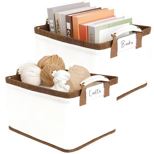 LoforHoney Home Collapsible Storage Bins with Metal Frames, Fabric Storage Baskets for Clothing, Shelf Baskets for Organizing, Closet Storage Bins for Organization, Large, Beige & Brown, 2-Pack