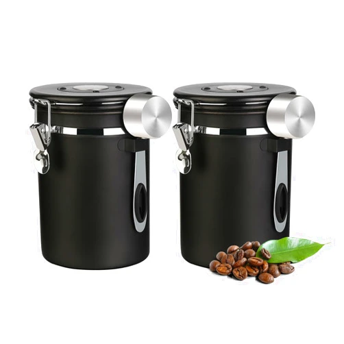 Walktosun Coffee Canister Airtight Coffee Storage Container Stainless Steel Air Tight Coffee Jar with Scoop, Date Tracker and CO2 Release Valve for Beans, Ground, Tea, Flour, Cereal and Sugar (2pcs-Black-1.8L)