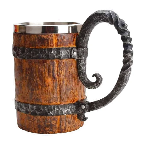 LAUGOKOBE Wooden Barrel Beer Mug, Large Viking Cup Wood Style Beer Stein with Handle, Double Wall Stainless Steel Tankard Mug, Antique gifts for Men Bar Restaurant Renaissance Accessories