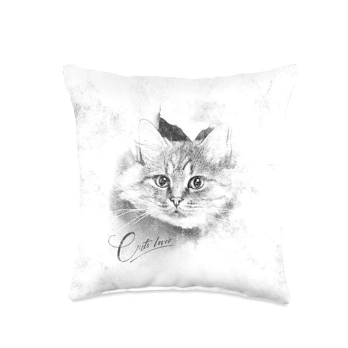 Cats by Fluffabulous Prints Fluffy Cat, Drawing Style, Vintage Look, White-Gray Throw Pillow, 16x16, Multicolor