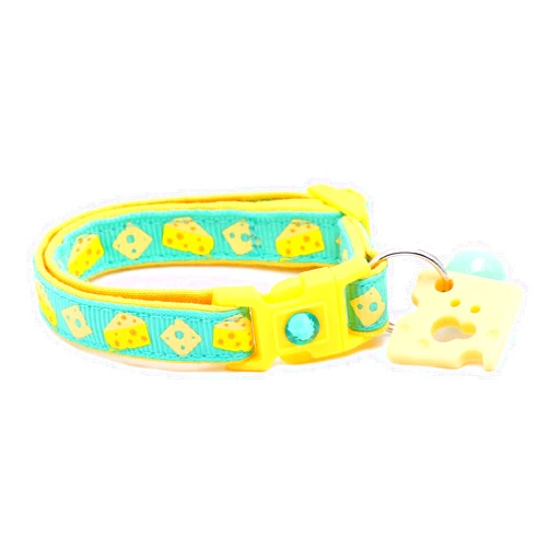 Pugs to Persians Cheese Cat Collar with Charm & Bell | Safety Breakaway Collar | Adjustable Large Size or Kitten Collar (Small(10lbs & Less), Aqua)