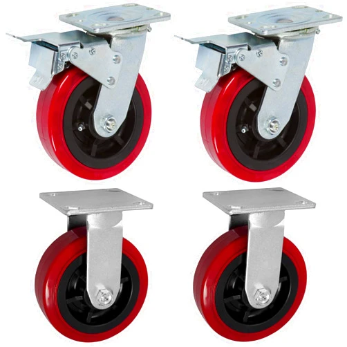 ICONCASTERWHEELS 6 in x 2 inch PRO-TECH Polyurethane Non-Marking Heavy Duty Casters 2 Total Lock Brakes and 2 Rigid | RED (4 Pack) | ICON 6660 Series