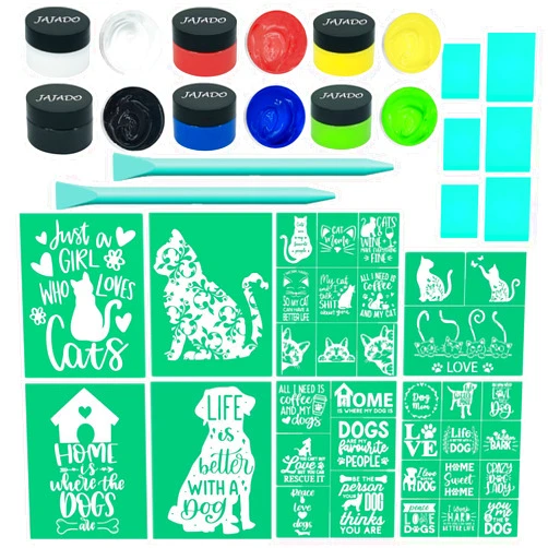 JAJADO Self-Adhesive Silk Screen Stencils Pet Chalk Paste Starter Kits 22 Pcs, Dog Mesh Transfers Chalk Paste Paint for Stencil Painting on Wood DIY T-Shirt Porch Sign Farmhosue Cat Decoration