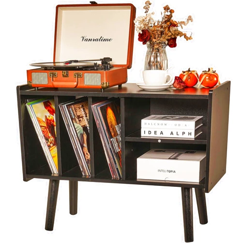 LKKRO Record Player Stand with Vinyl Storage Holds Up to 300lb, Large Record Player Table Cabinet for Album Storage with Holder Vinyl Display Shelf, Wood Turntable Stand for Bedroom Living Room (Black)